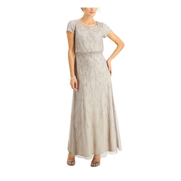 NWT PAPELL STUDIO Womens Silver Blouson Bodice Short Sleeve Formal Gown Dress 4 - Picture 1 of 5